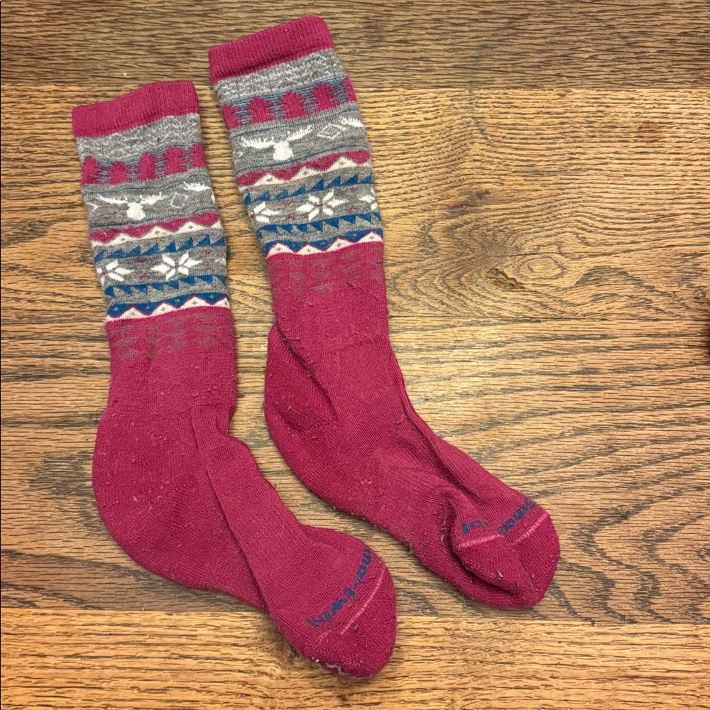 Smartwool kids socks merino wool dark pink grey snowflake L fits big kid 3-6
